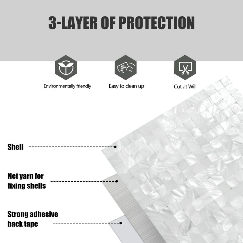KASARO Peel and Stick Backsplash Shell Tiles, Mother of Pearl Mosaic Self Adhesive Tiles for Kitchen Wall Bathroom Bedroom Decor, White, 6-Sheet - Image 3